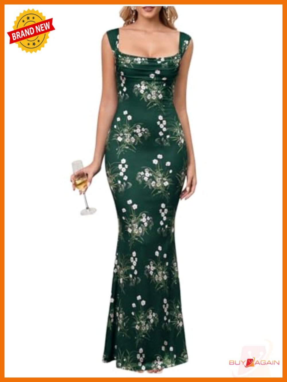 Women Floral Bodycon Maxi Dress Cowl Neck Mermaid Hem Wedding Guest Formal